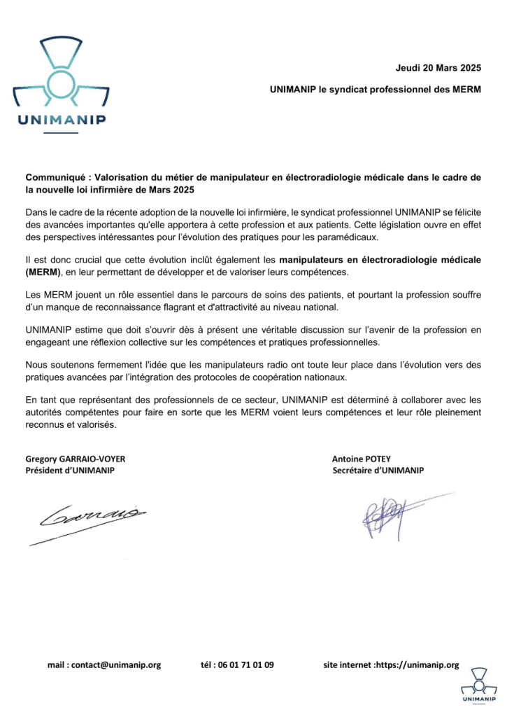 Communiqué : Valorisation du métier de manipulateur en électroradiologie médicale dans le cadre de la nouvelle loi infirmière de Mars 2025